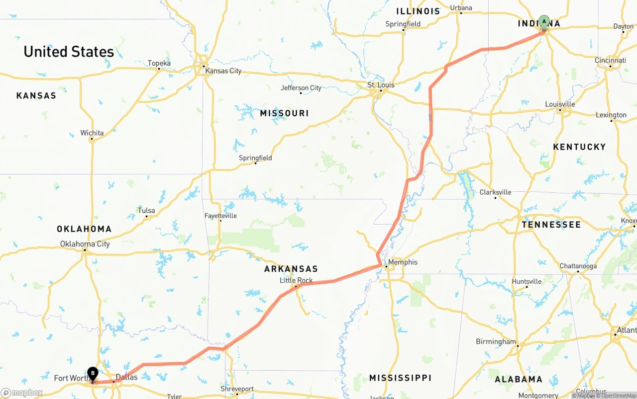 Shipping route from Indianapolis to Fort Worth