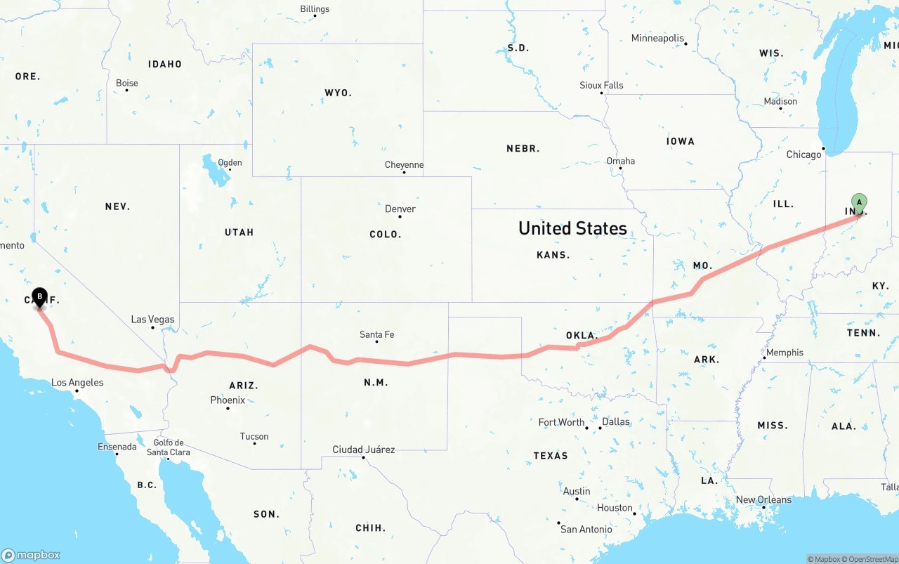 Shipping route from Indianapolis to Fresno