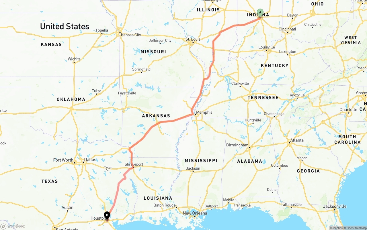 Shipping route from Indianapolis to Houston