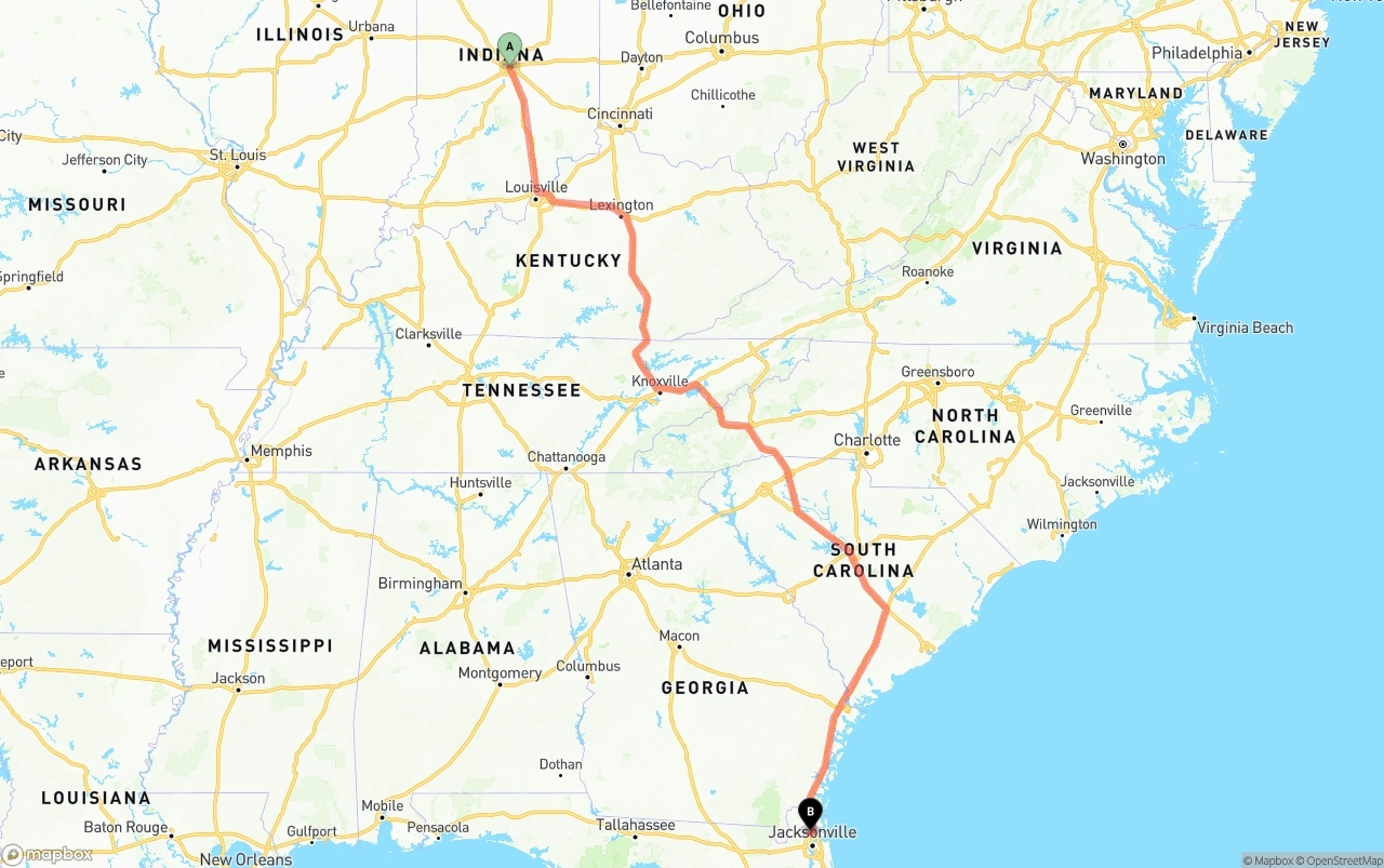 Shipping route from Indianapolis to Jacksonville International Airport