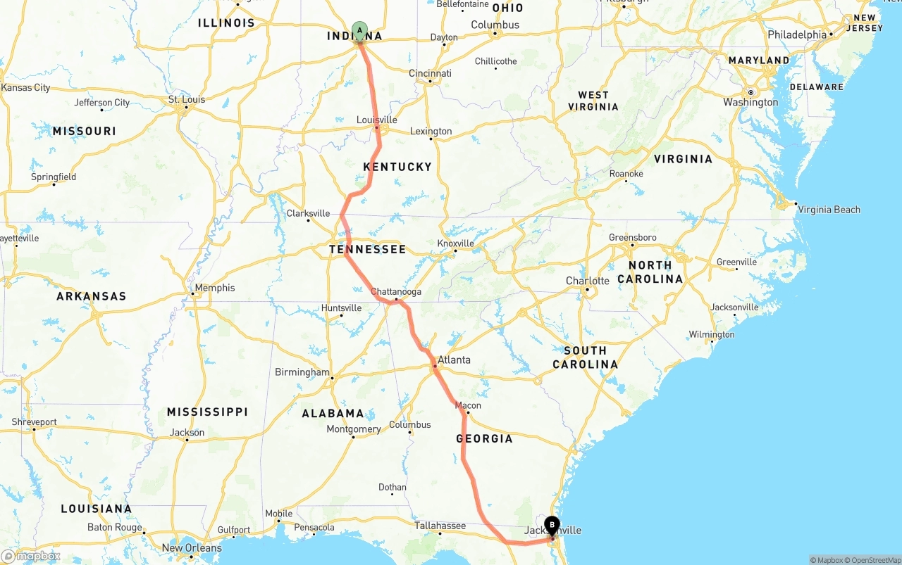 Shipping route from Indianapolis to Jacksonville