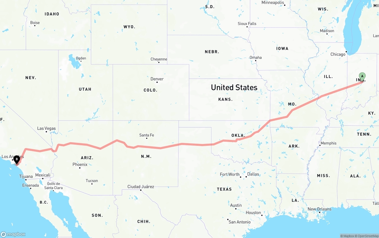 Shipping route from Indianapolis to John Wayne Airport — Orange County