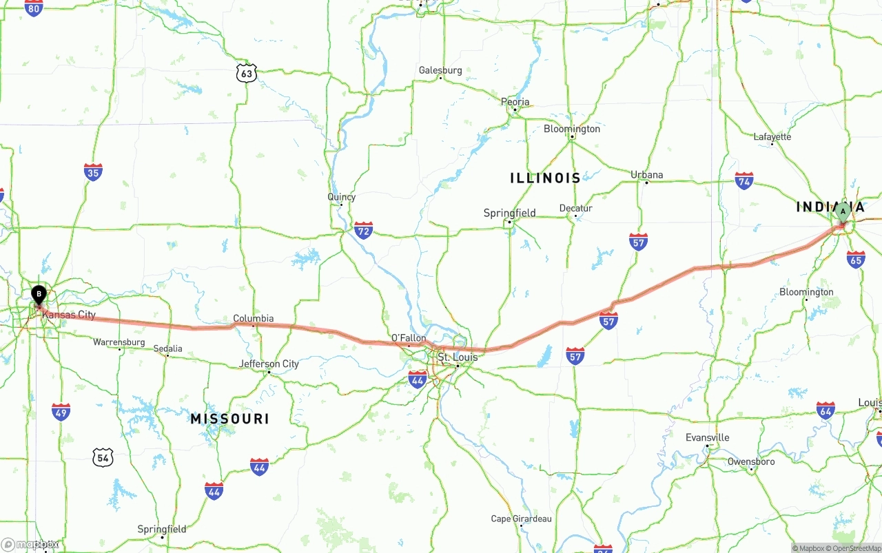 Shipping route from Indianapolis to Kansas City