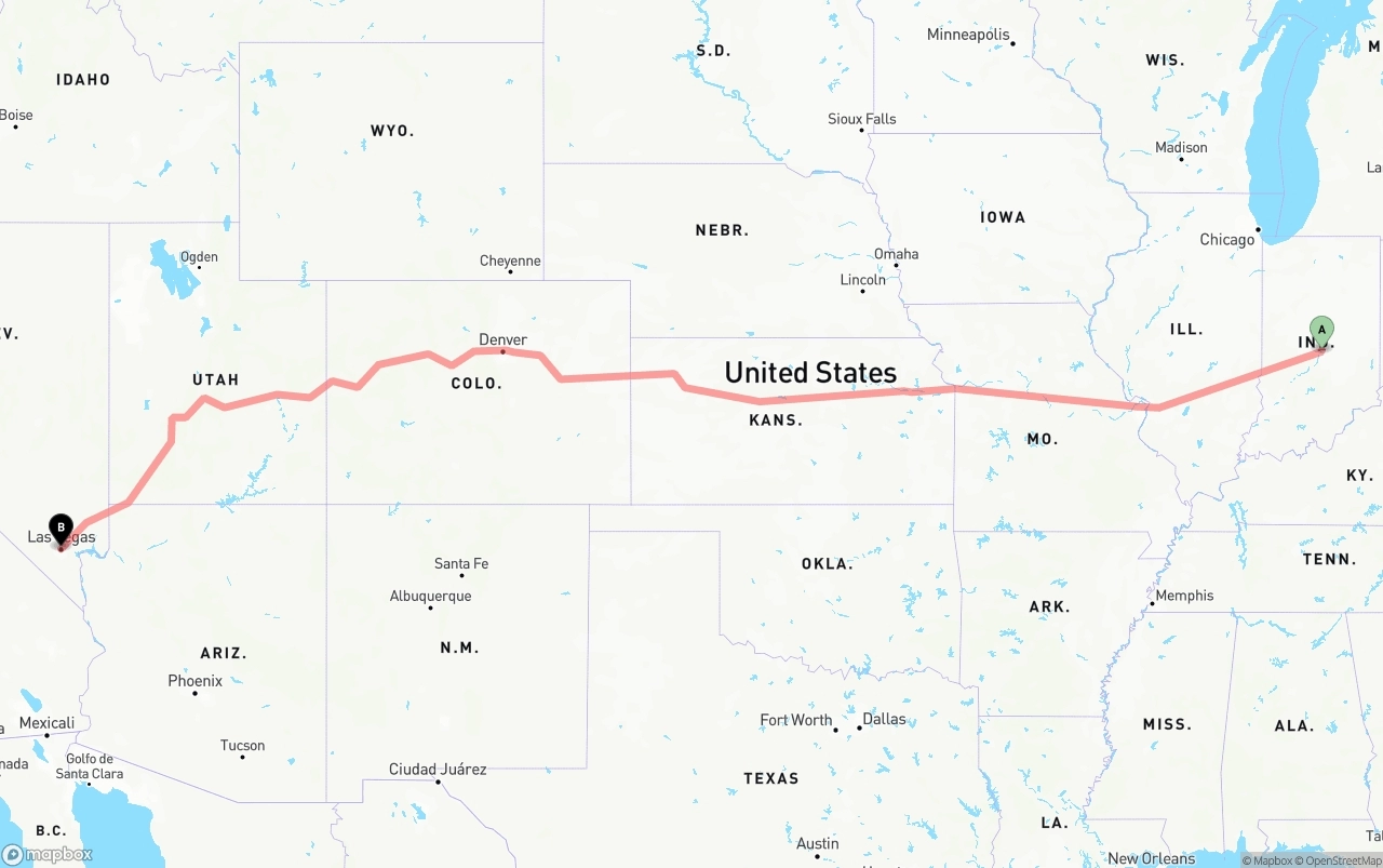 Shipping route from Indianapolis to Las Vegas