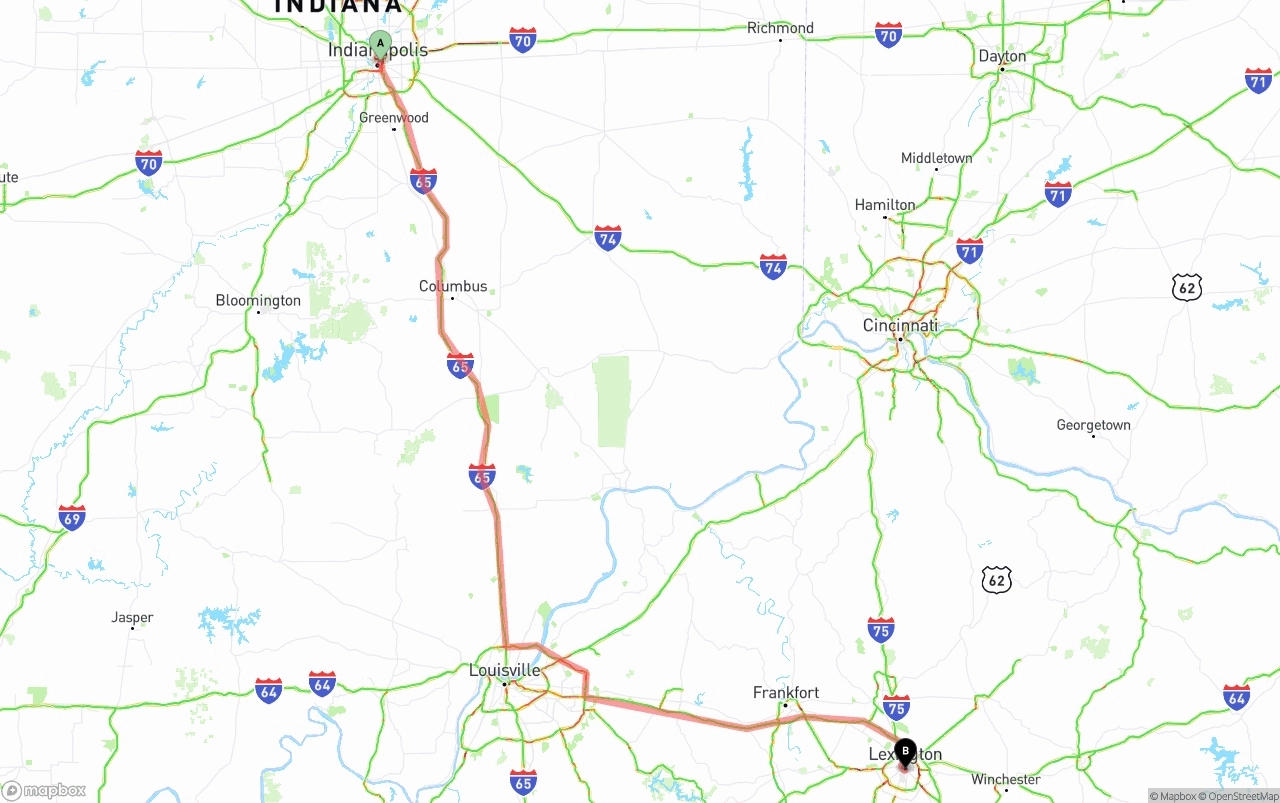 Shipping route from Indianapolis to Lexington