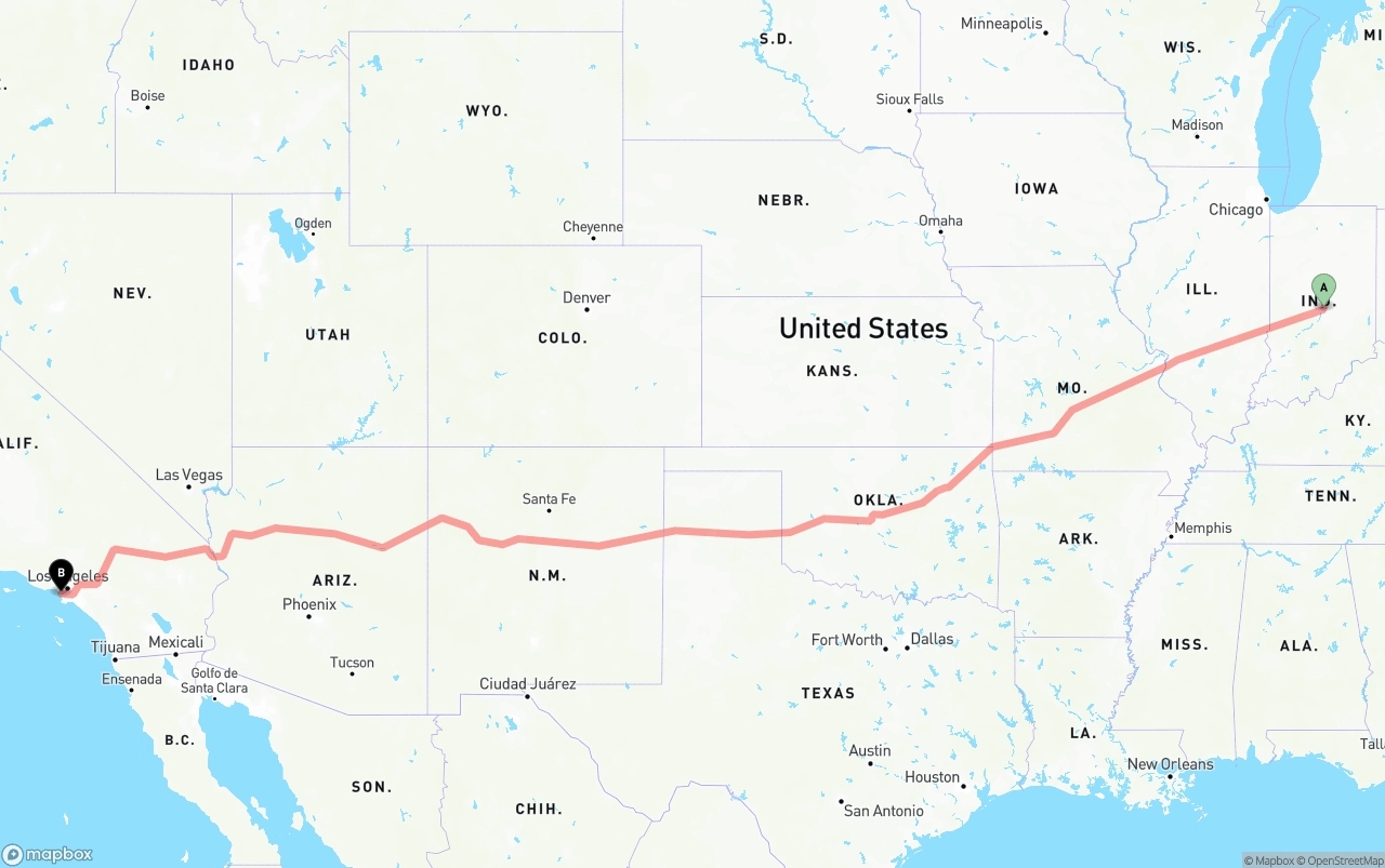 Shipping route from Indianapolis to Los Angeles International Airport