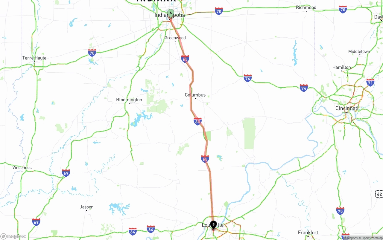 Shipping route from Indianapolis to Louisville