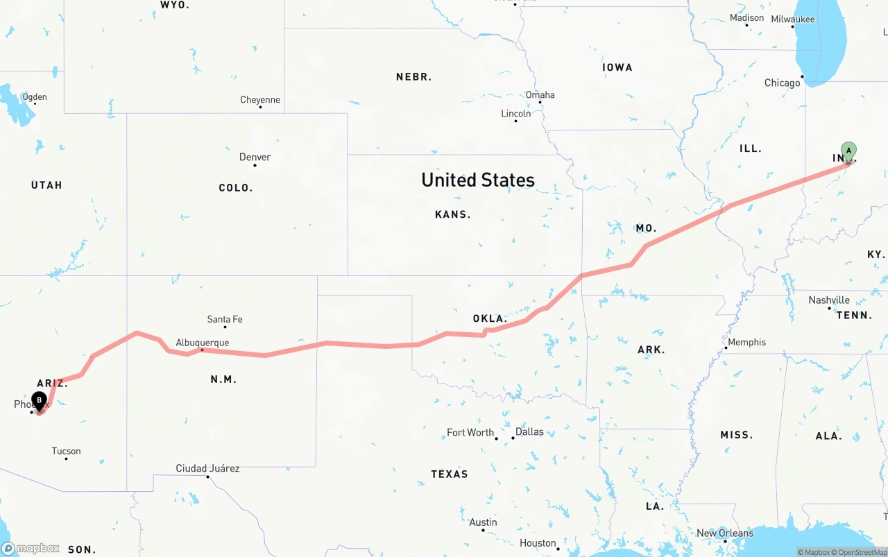 Shipping route from Indianapolis to Mesa