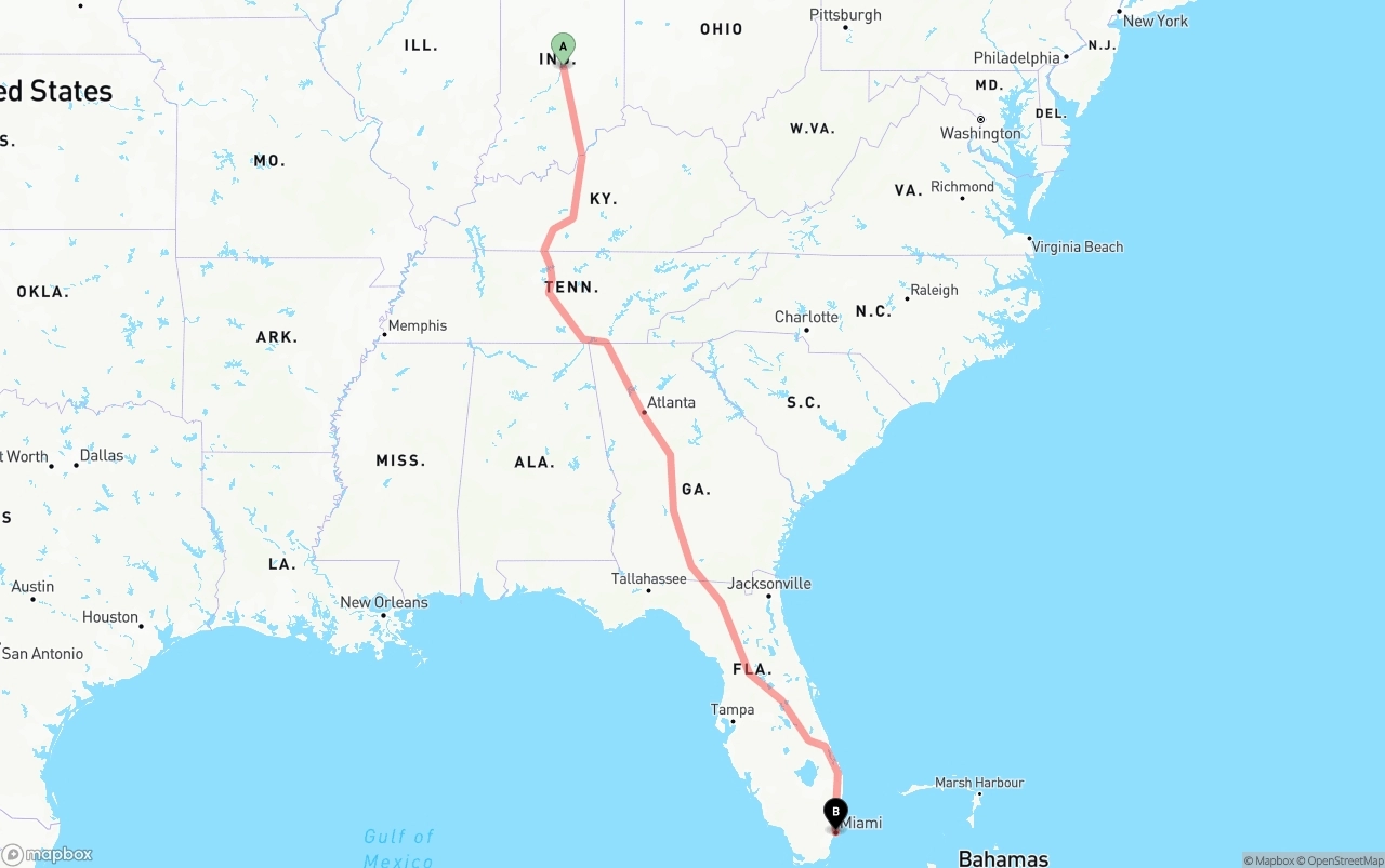 Shipping route from Indianapolis to Miami