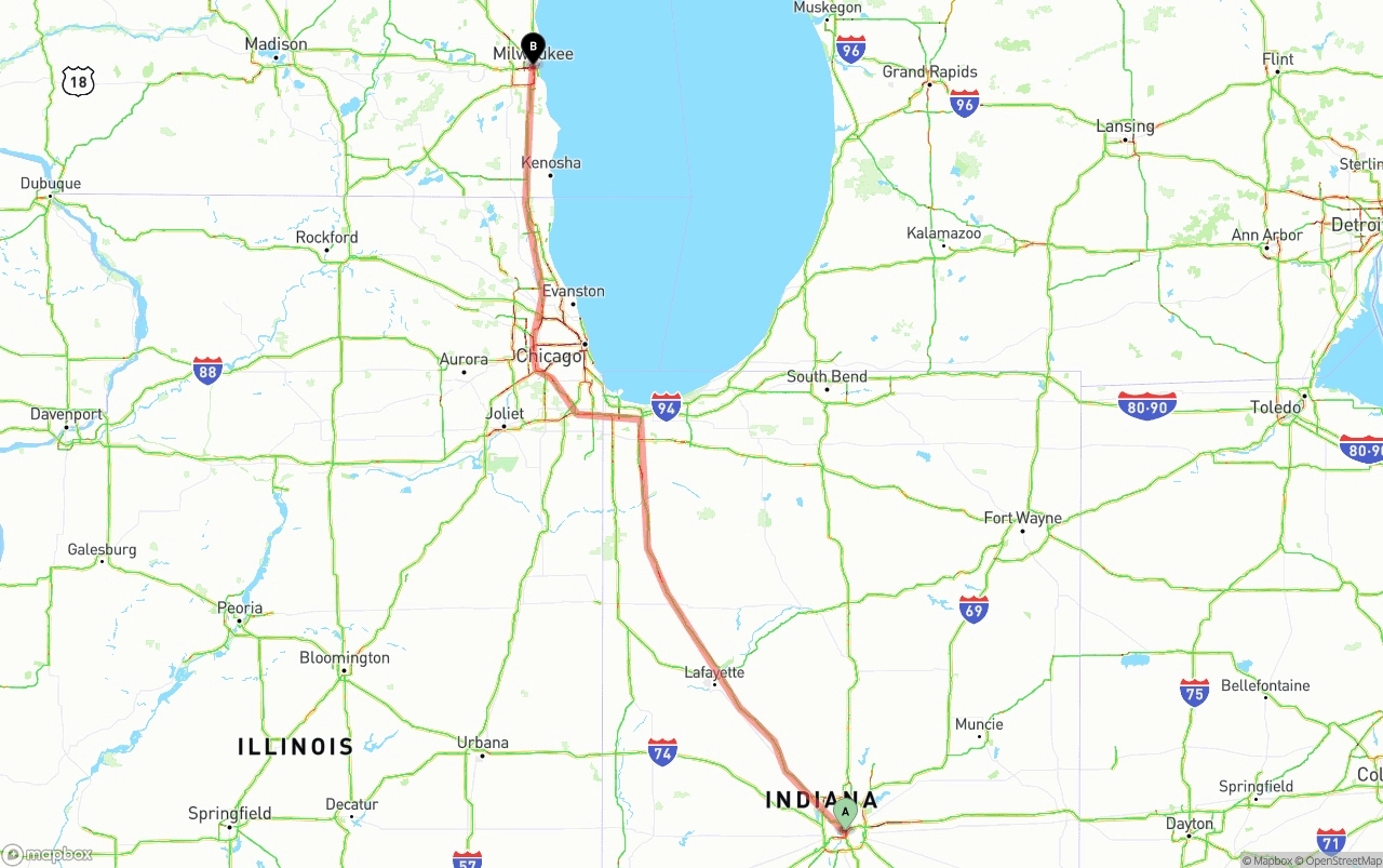 Shipping route from Indianapolis to Milwaukee