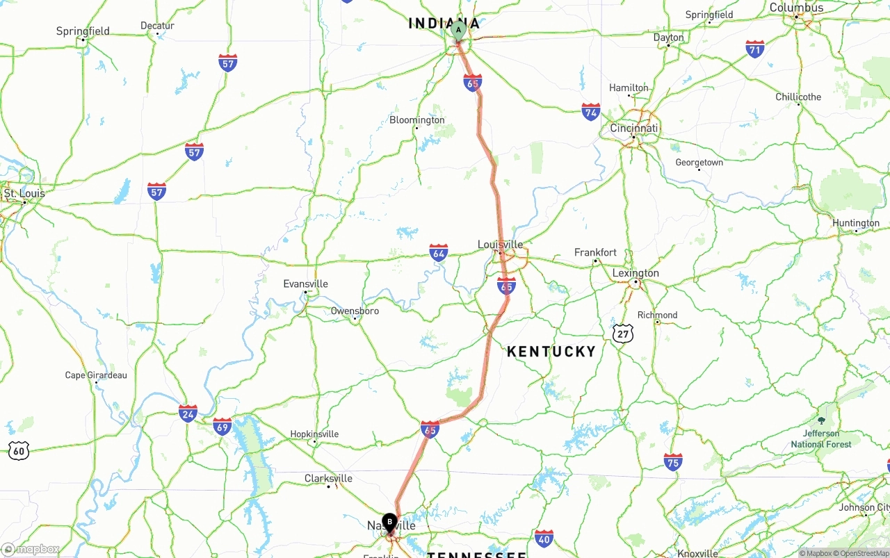 Shipping route from Indianapolis to Nashville