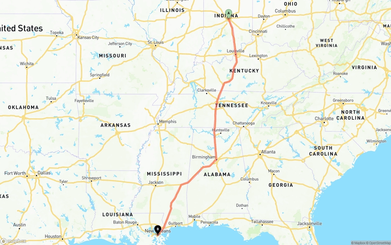 Shipping route from Indianapolis to New Orleans