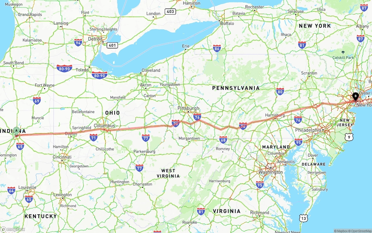 Shipping route from Indianapolis to New York City