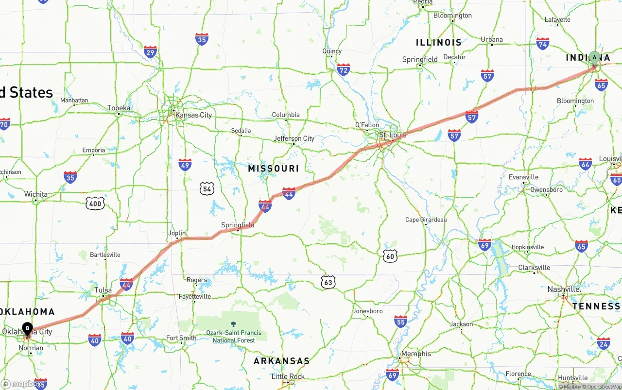 Shipping route from Indianapolis to Oklahoma City