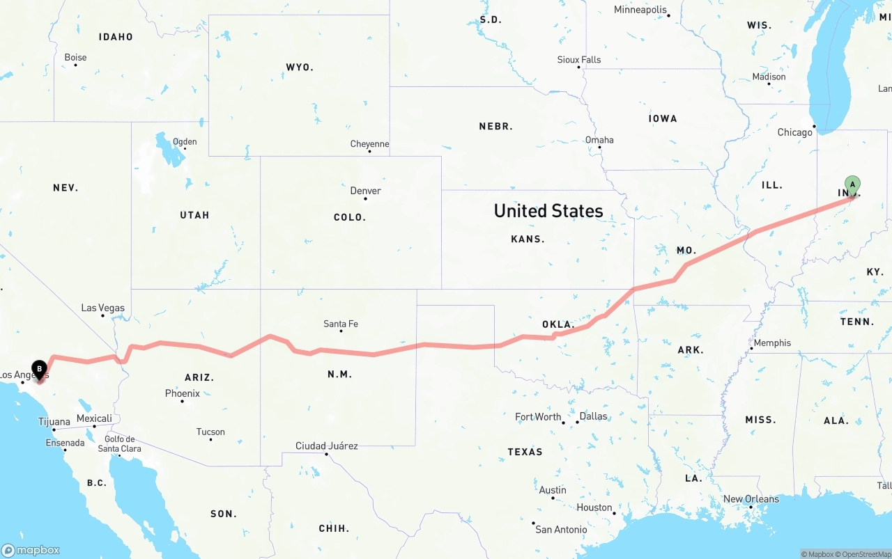 Shipping route from Indianapolis to Ontario International Airport