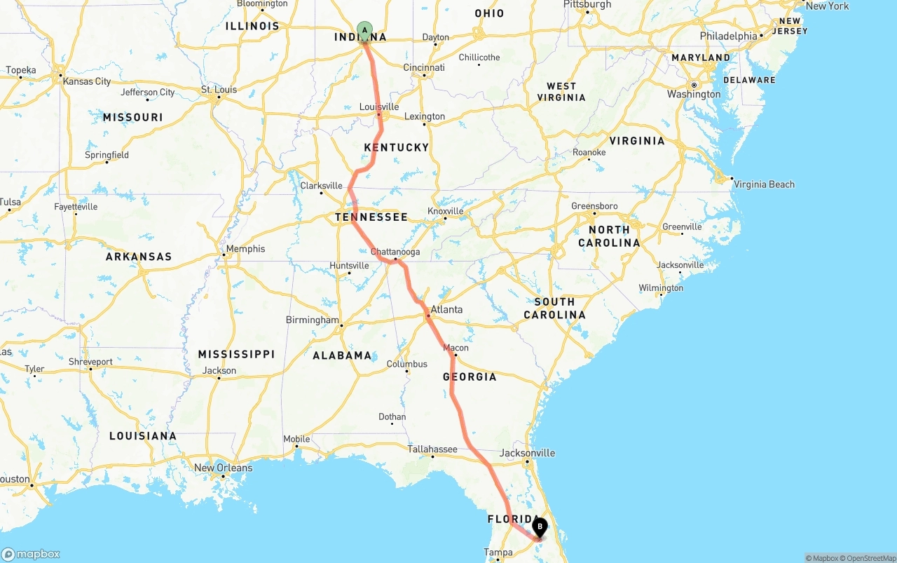 Shipping route from Indianapolis to Orlando International Airport