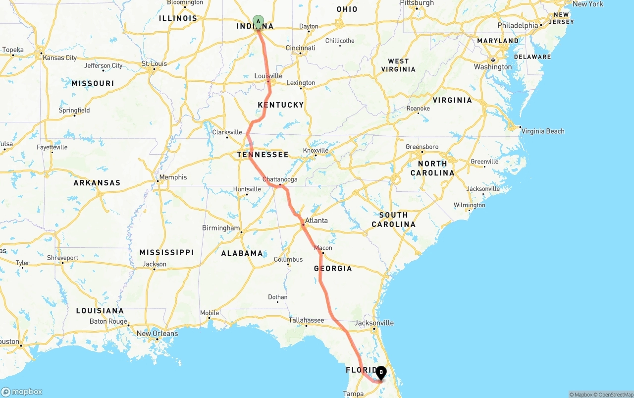 Shipping route from Indianapolis to Orlando