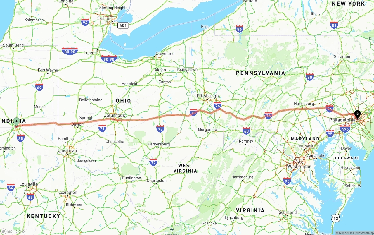 Shipping route from Indianapolis to Philadelphia