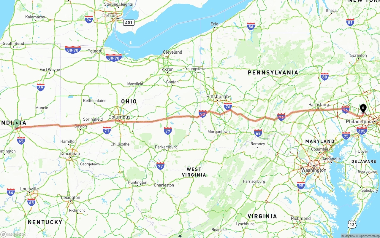 Shipping route from Indianapolis to Phoenix