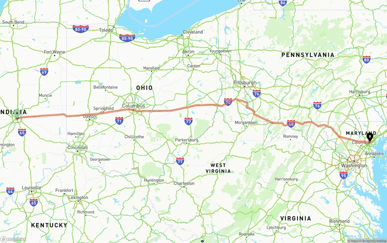 Shipping route from Indianapolis to Port of Baltimore