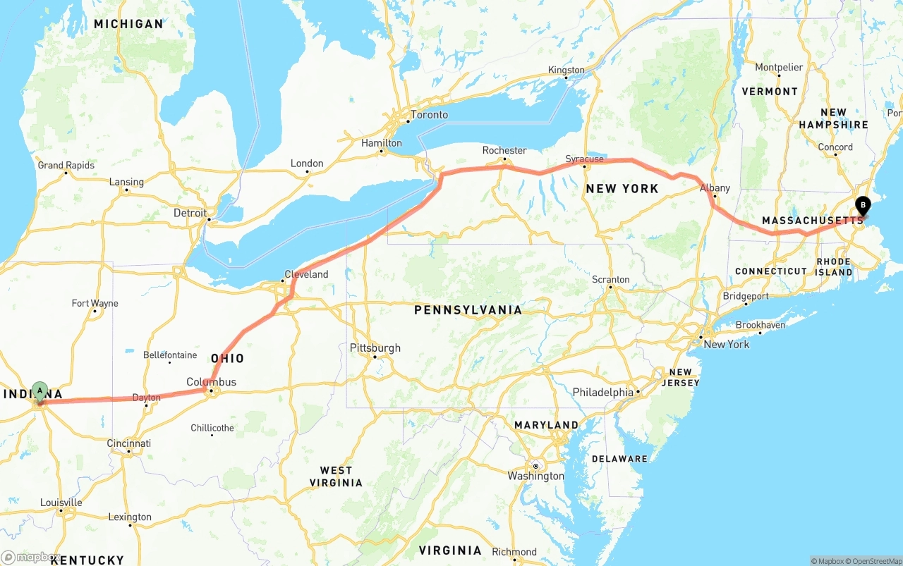 Shipping route from Indianapolis to Port of Boston