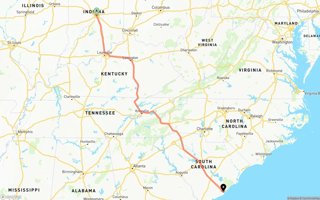 Shipping route from Indianapolis to Port of Charleston