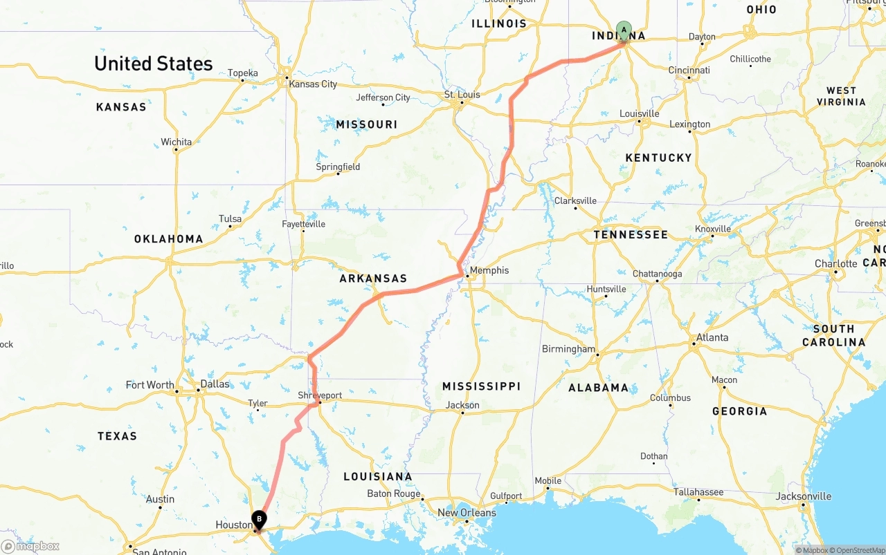 Shipping route from Indianapolis to Port of Houston