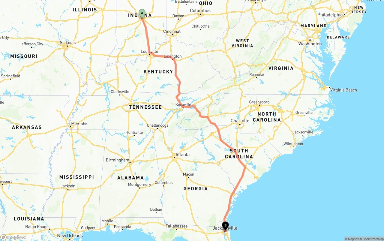 Shipping route from Indianapolis to Port of Jacksonville