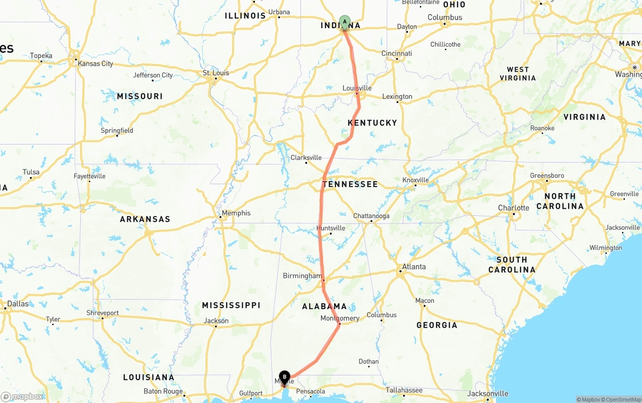 Shipping route from Indianapolis to Port of Mobile