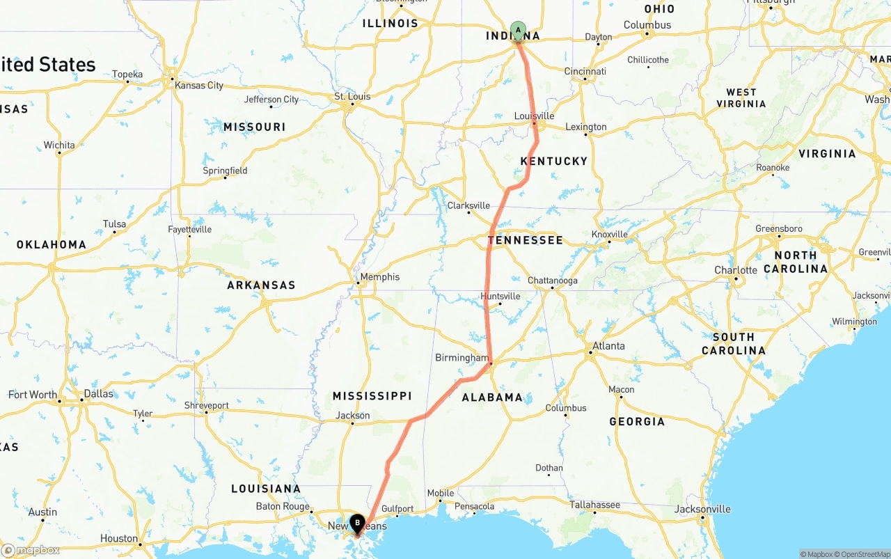 Shipping route from Indianapolis to Port of New Orleans