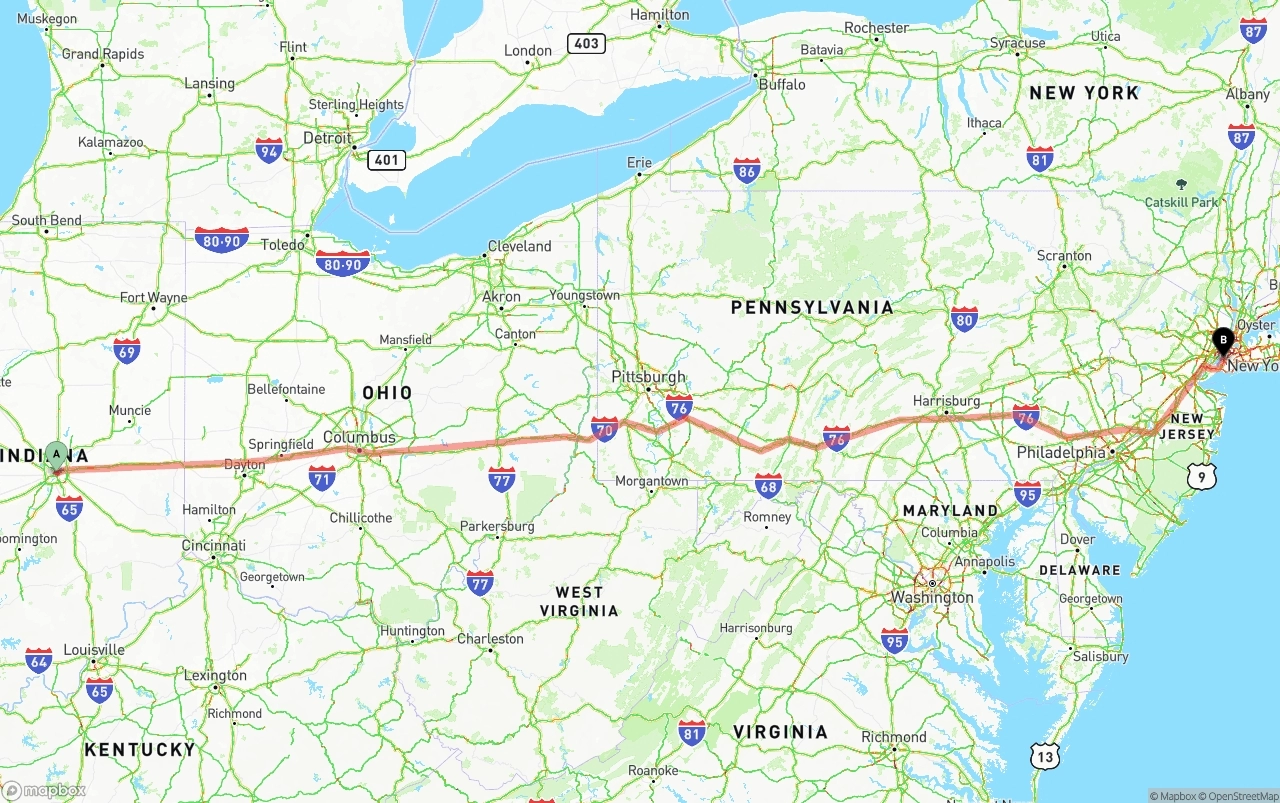 Shipping route from Indianapolis to Port of New York