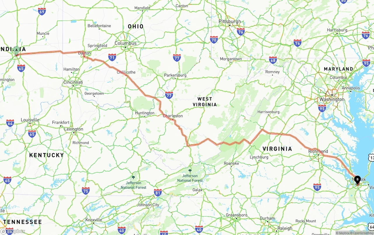 Shipping route from Indianapolis to Port of Norfolk