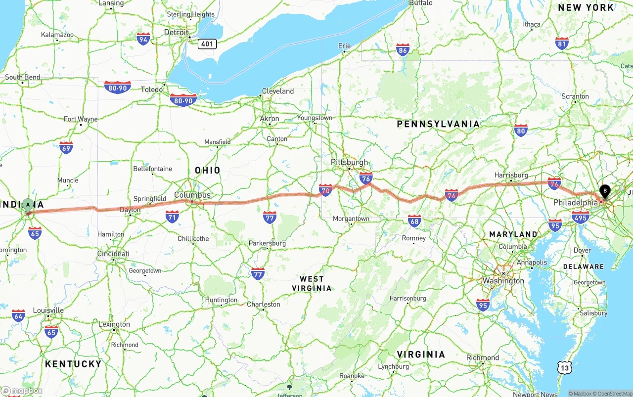 Shipping route from Indianapolis to Port of Philadelphia