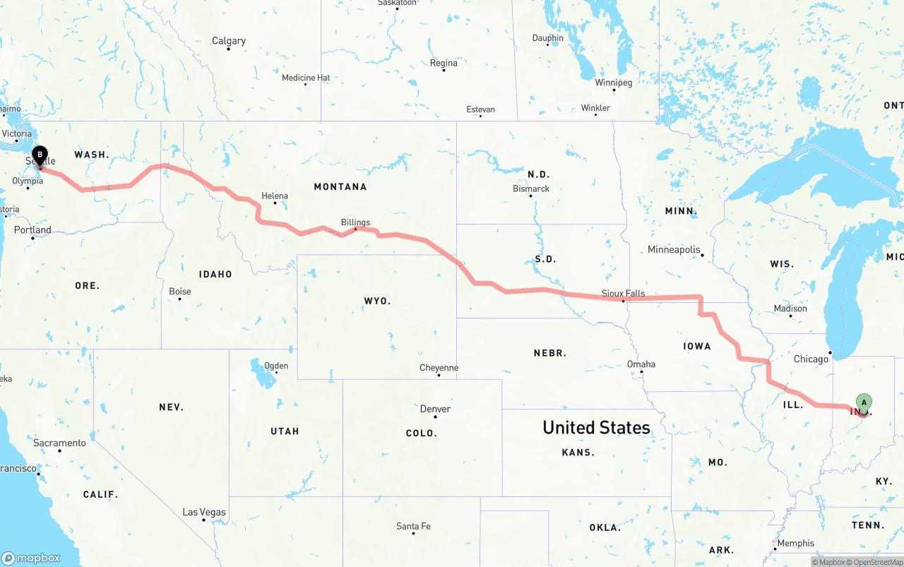 Shipping route from Indianapolis to Port of Seattle