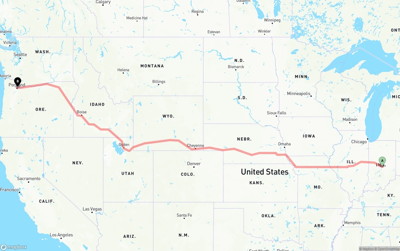 Shipping route from Indianapolis to Portland International Airport
