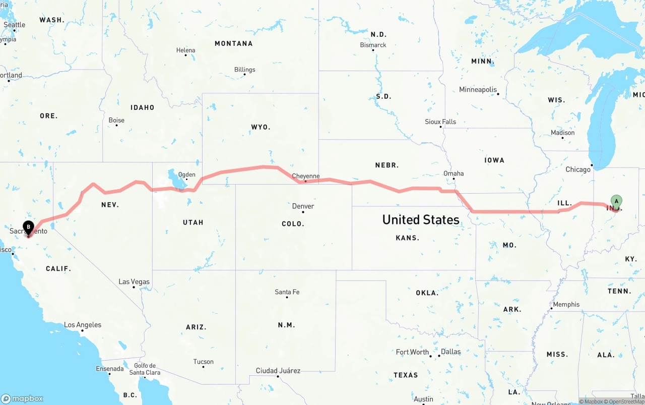 Shipping route from Indianapolis to Sacramento