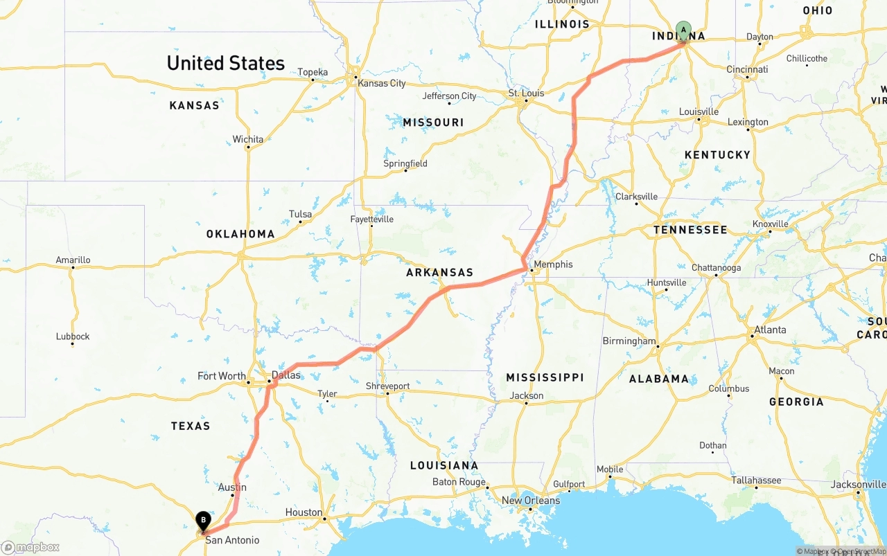 Shipping route from Indianapolis to San Antonio