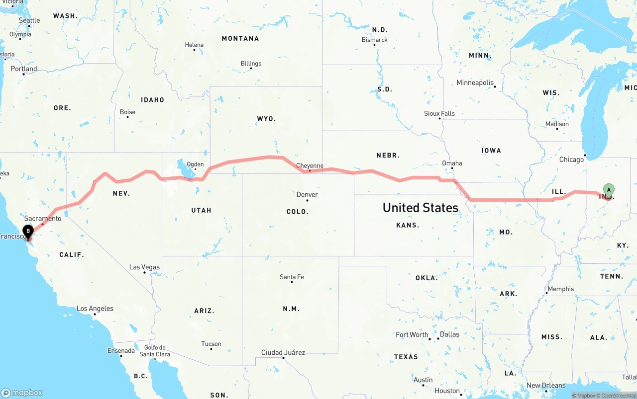 Shipping route from Indianapolis to San Francisco