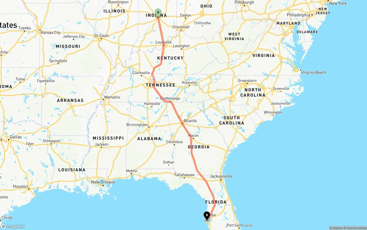 Shipping route from Indianapolis to St. Petersburg