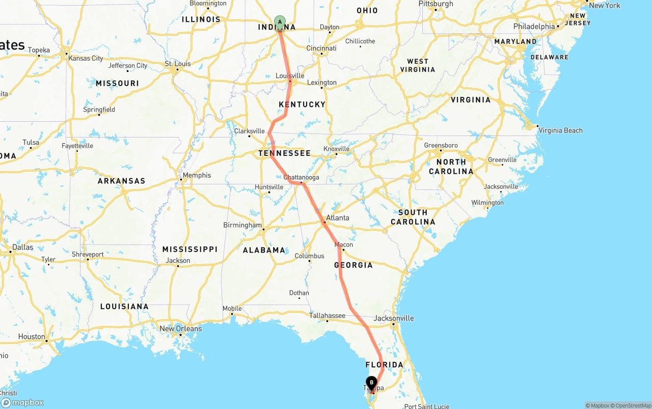 Shipping route from Indianapolis to Tampa International Airport