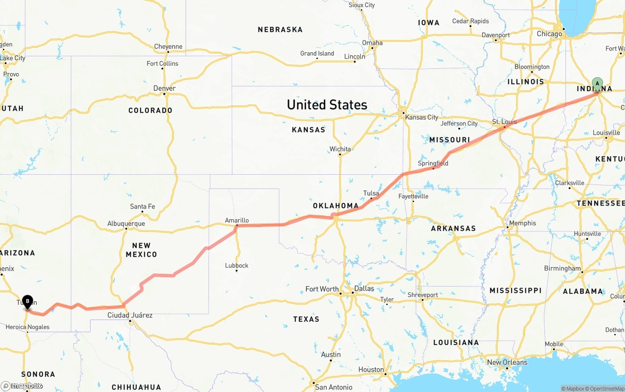 Shipping route from Indianapolis to Tucson International Airport
