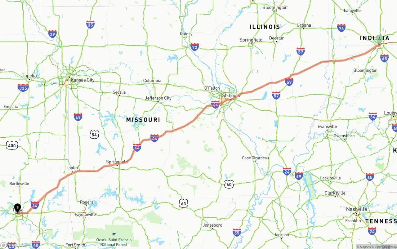 Shipping route from Indianapolis to Tulsa