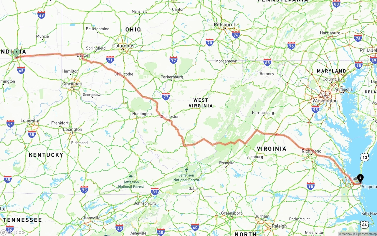 Shipping route from Indianapolis to Virginia Beach