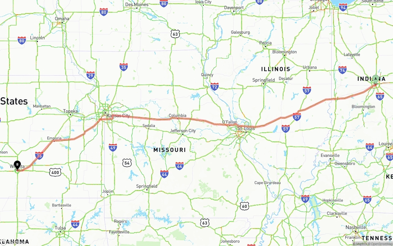 Shipping route from Indianapolis to Wichita