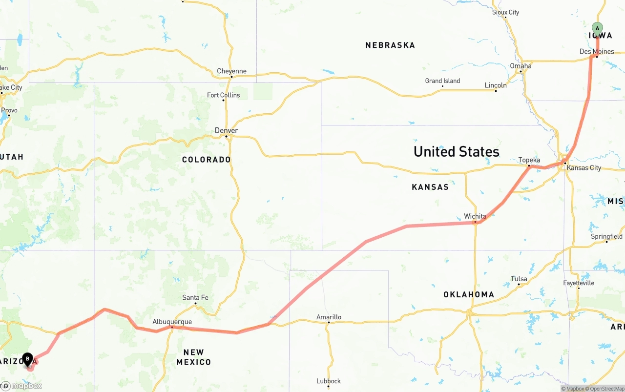Shipping route from Iowa to Arizona