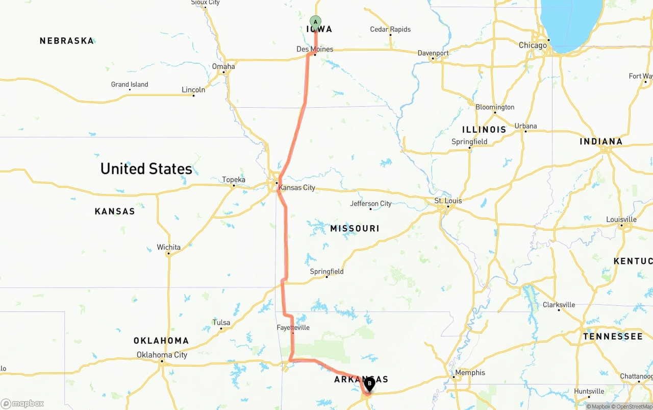 Shipping route from Iowa to Arkansas