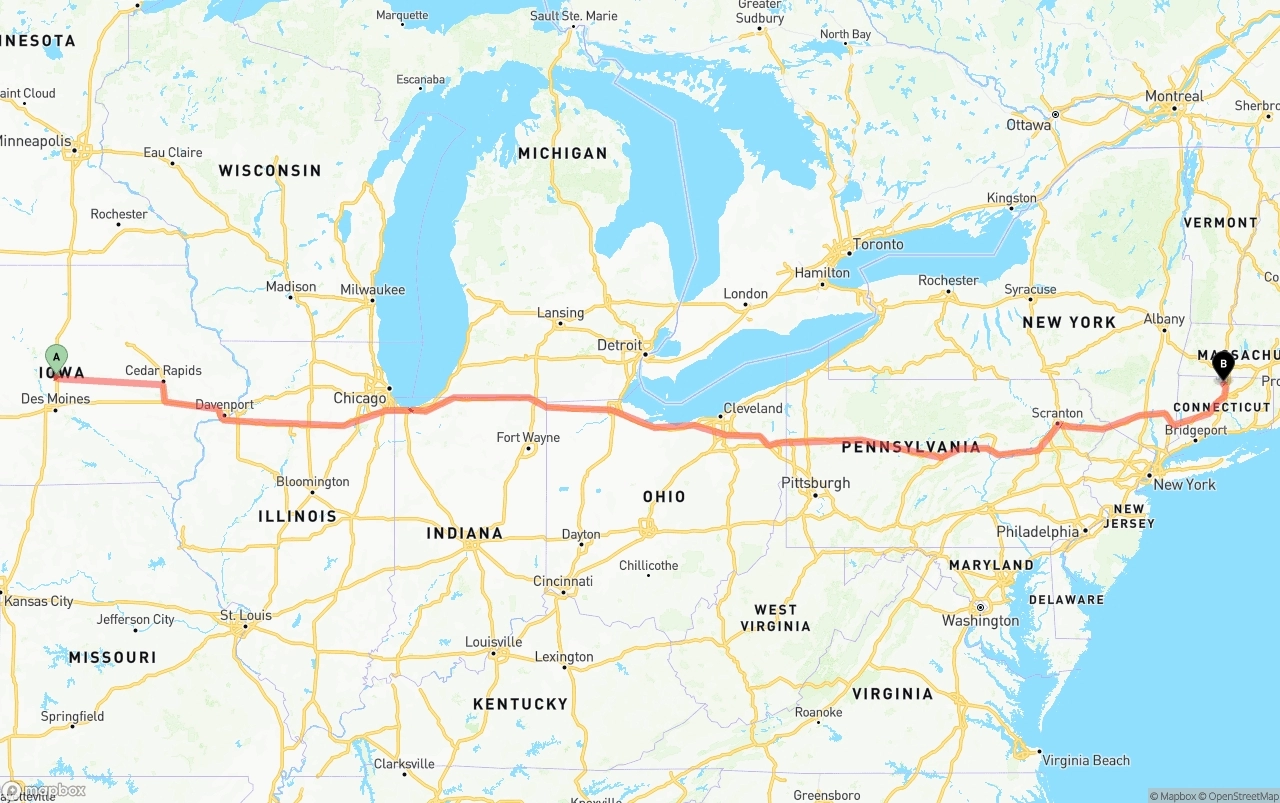 Shipping route from Iowa to Bradley International Airport
