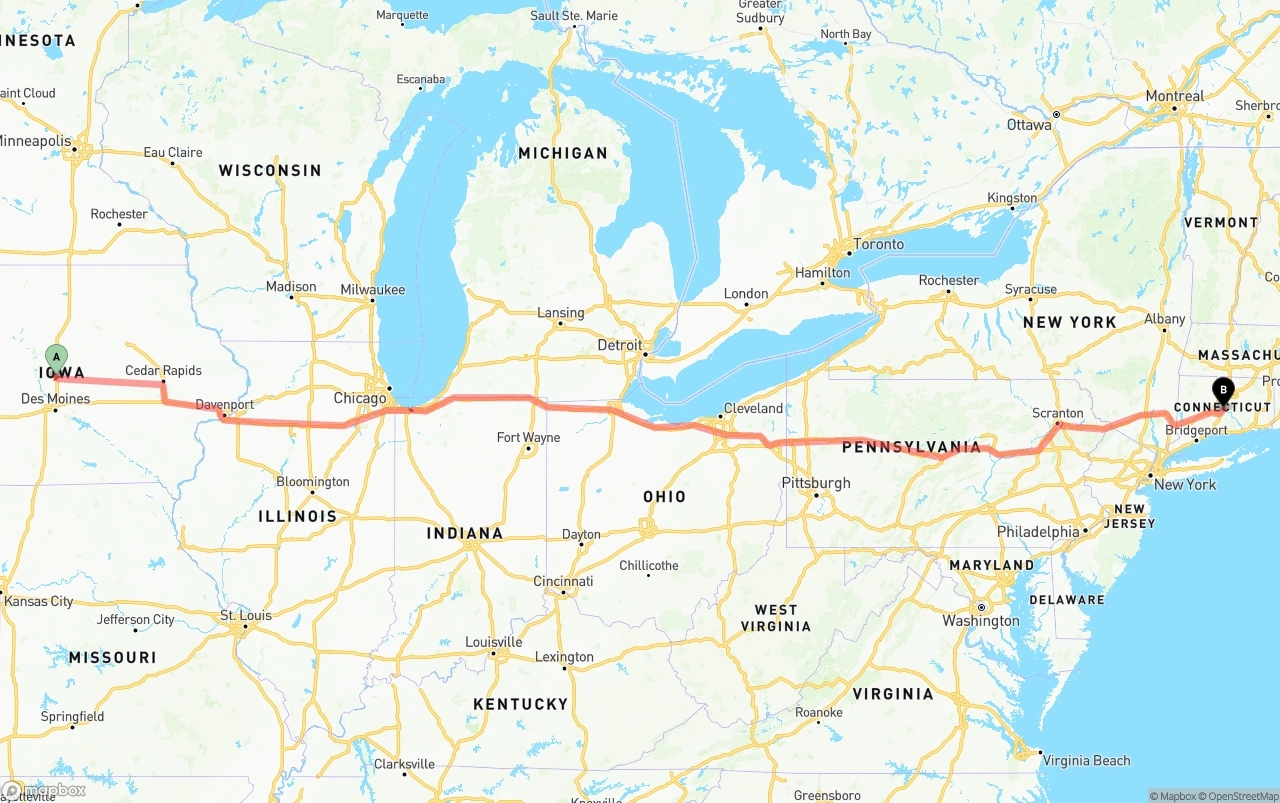 Shipping route from Iowa to Connecticut