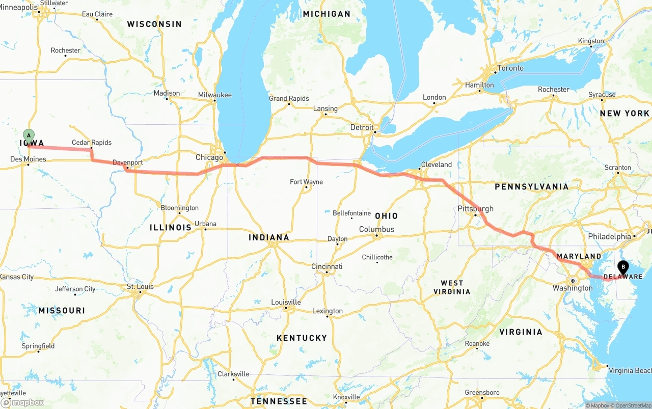 Shipping route from Iowa to Delaware