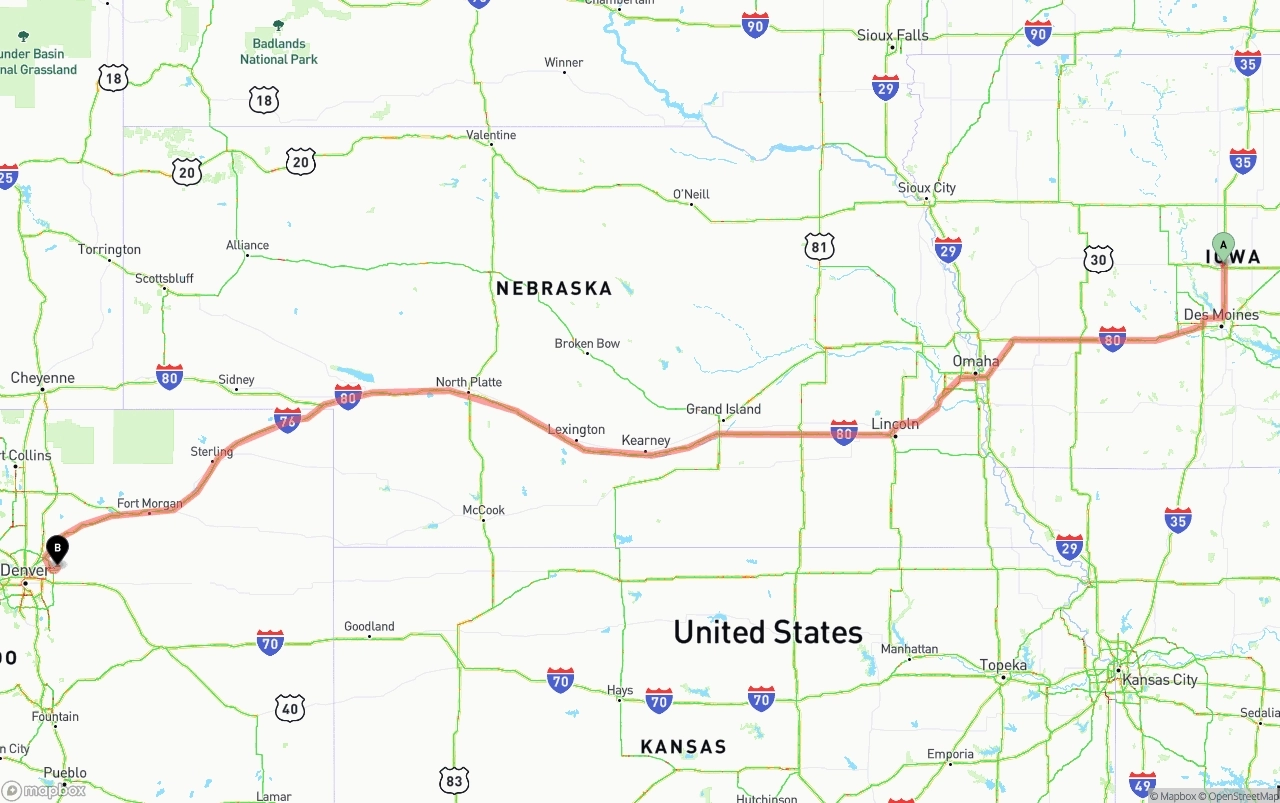 Shipping route from Iowa to Denver International Airport
